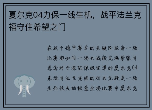 夏尔克04力保一线生机，战平法兰克福守住希望之门