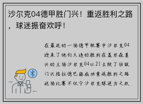 沙尔克04德甲胜门兴！重返胜利之路，球迷振奋欢呼！