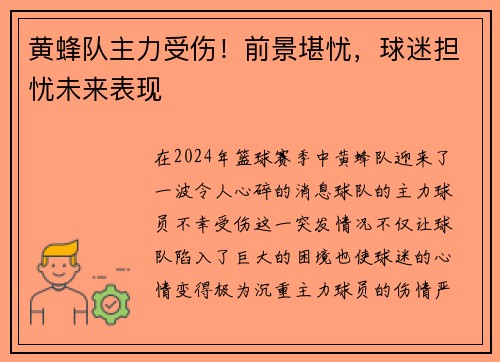 黄蜂队主力受伤！前景堪忧，球迷担忧未来表现